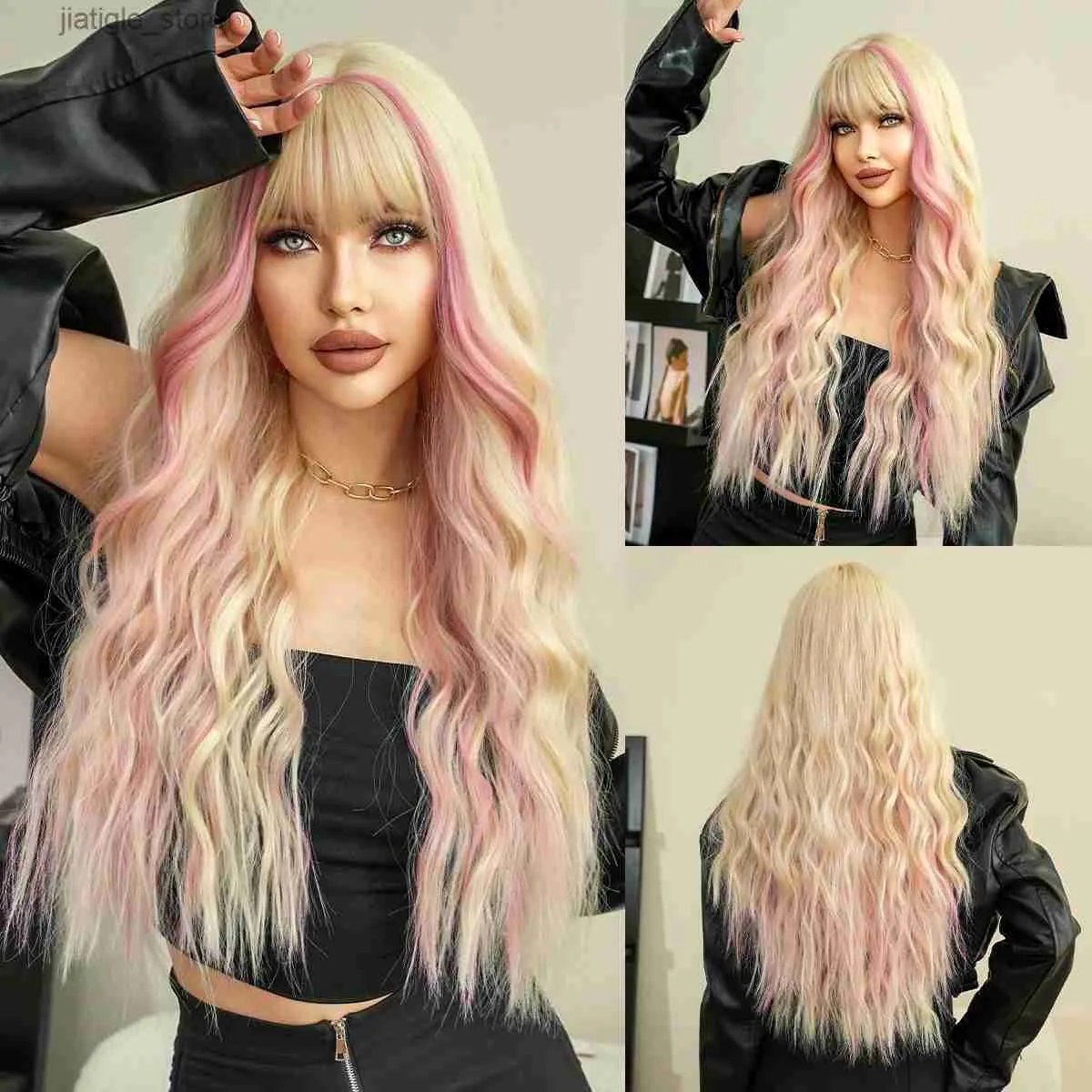 Perruques synthétiques NAMM Long Wavy Blonde Wig For Women Daily Party Sight Dyeing Pink Synthetic Hair Wigs with Bangs Wig Halloween Cosplay Y240401