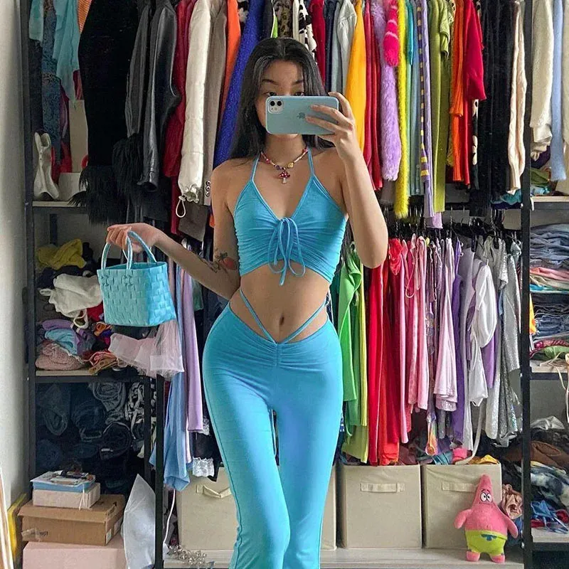 Y2K Streetwear Sexy Bandage Blue Coord Suits 2000s Fashion Drawstring Halter Top and High Waist Flare Pants 2 Piece Set 240326