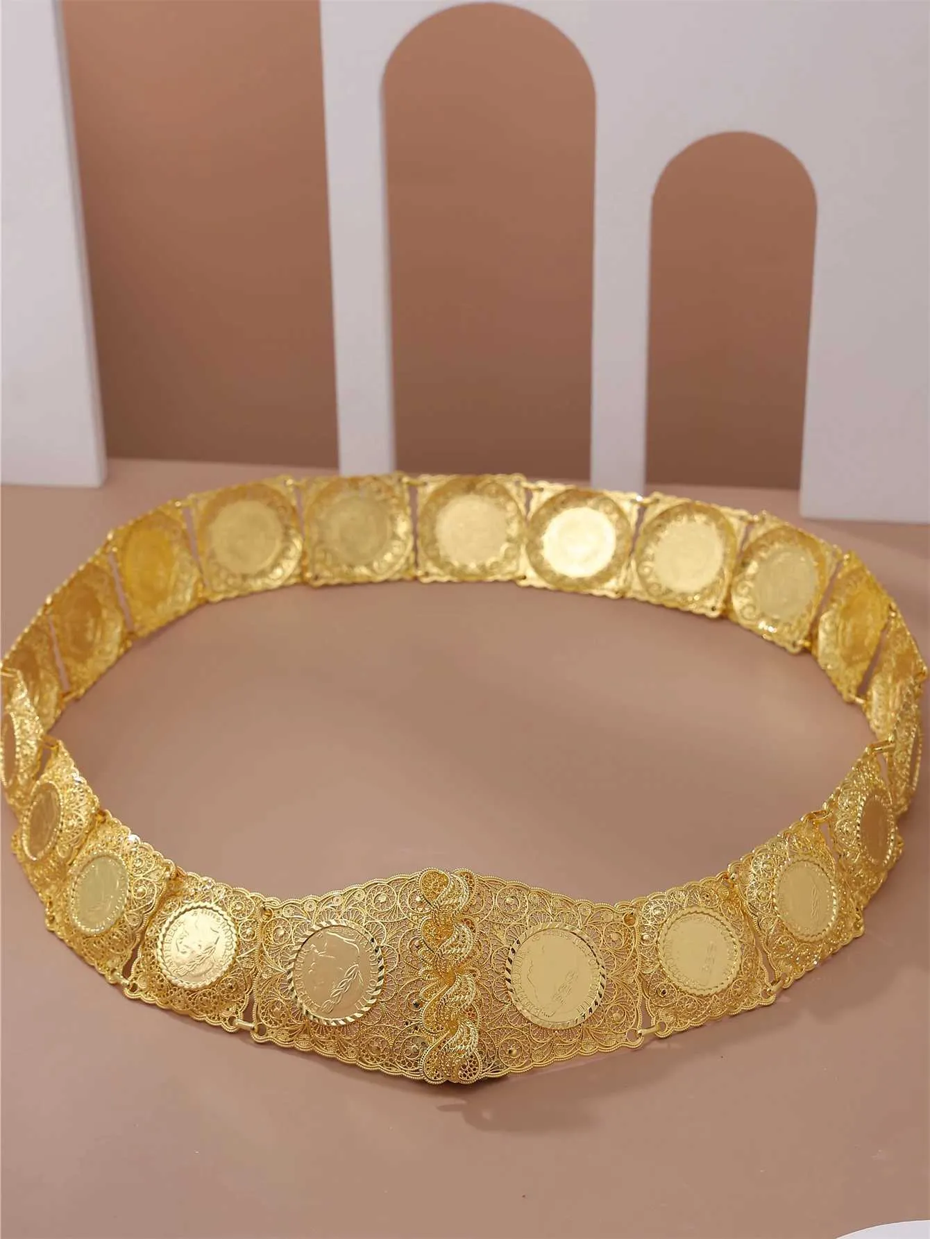 Belts Algerian coin with gold-plated metal handmade exquisite carving of Napoleons head Arab traditional festival bride waist chain jewelry Q240401