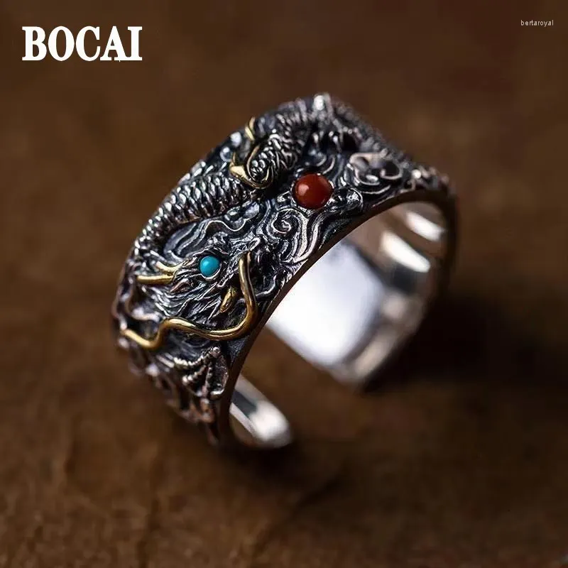 Bagues de cluster BOCAI 2024 Real S925 Bijoux en argent Style chinois Dragon de bon augure et perle dominatrice mode bague pour hommes cadeaux de vacances