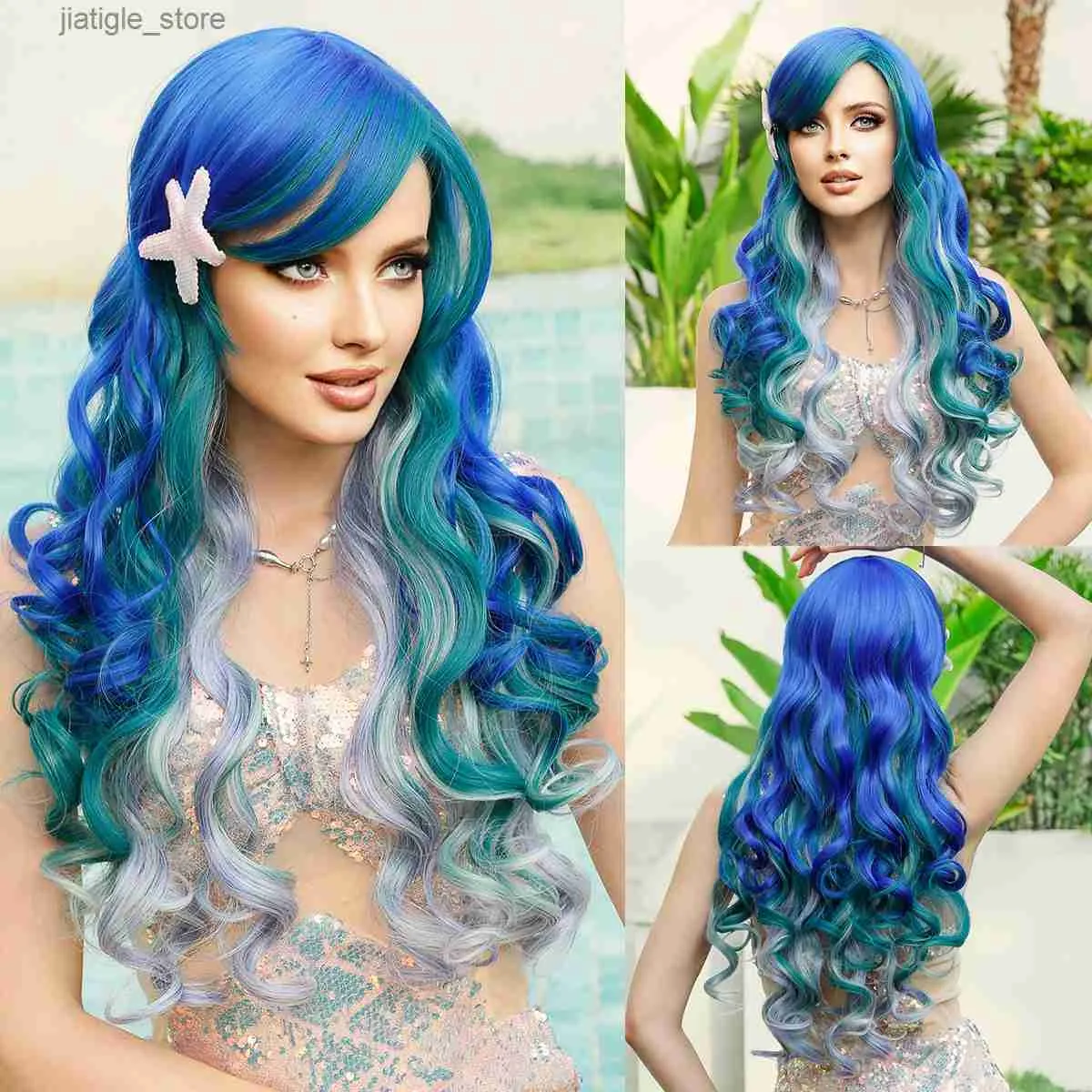 Parrucche sintetiche namme sirena parrucca lunghe blu viola gradiente per donne parrucca sintetica popolare per cosplay quotidiano Halloween Halte densità Capelli Y240401