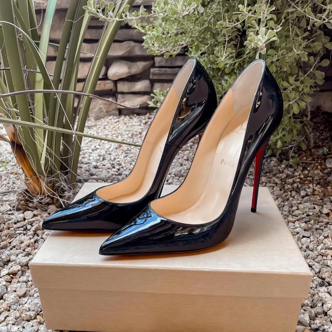 High Heels Designer Women Sandals Red Shiny Bottoms 8cm 10cm 12cm Thin Heel Pointed Toe Genuine Leather Nude Black Wedding Shoes 34-44