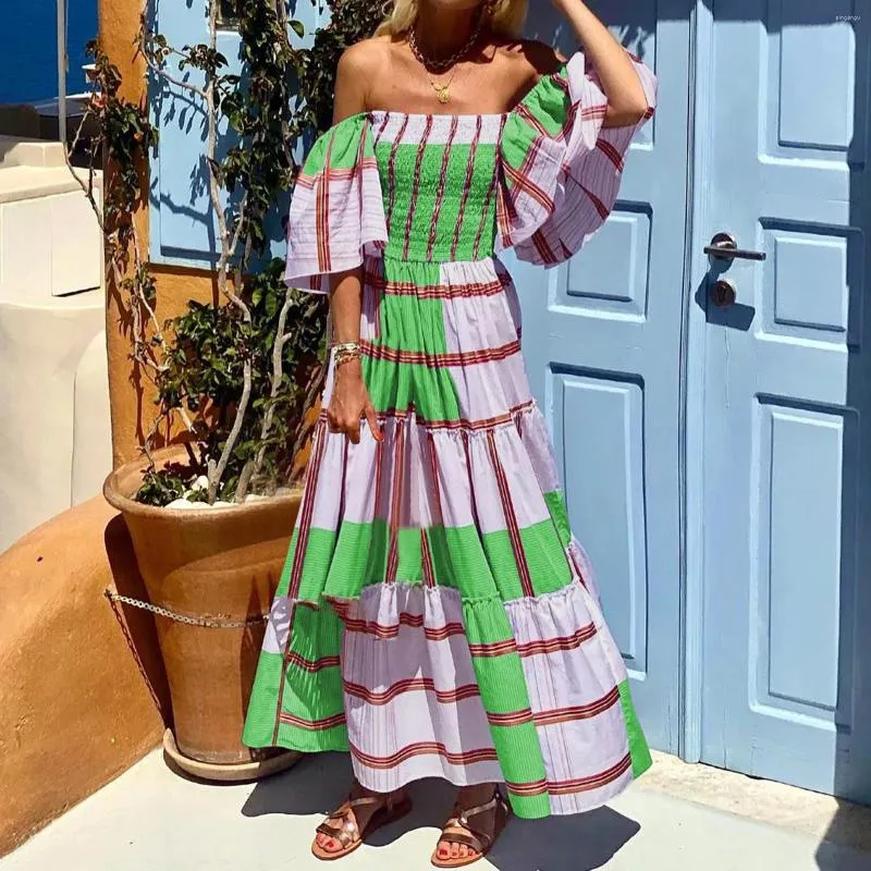 Casual jurken zomer vintage lange jurk vrouw mode geruite print grote schommel a-lijn strand dames sexy off-the-shoulder maxi