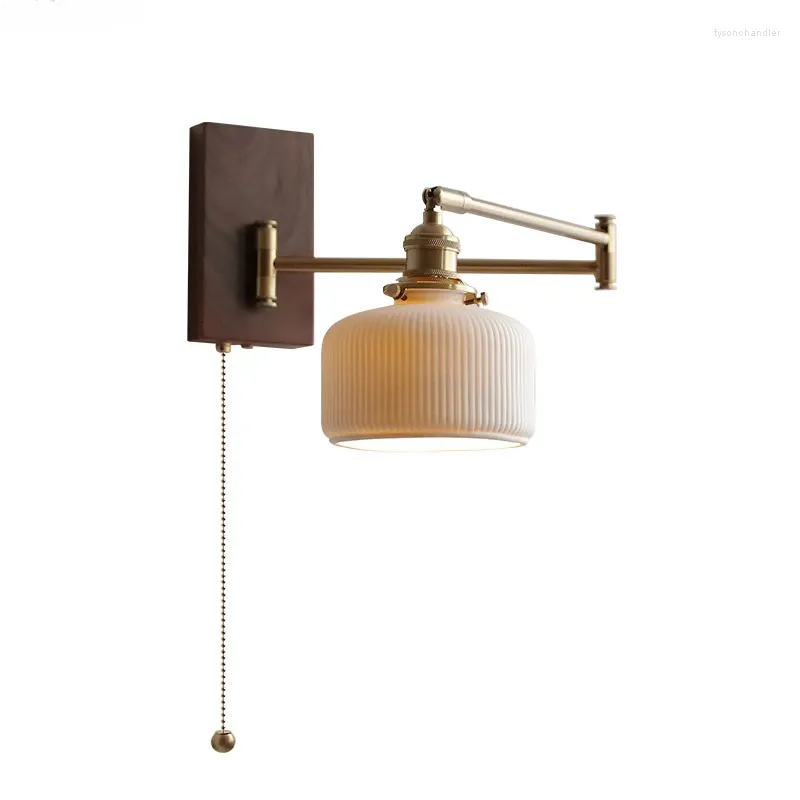 Wall Lamps Pull Chain Switch LED Lamp Beside Bedroom Living Room Light Arm Left Right Wood Canopy Applique