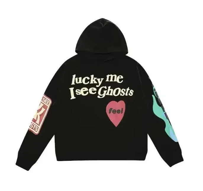 IFIKK Lucky Me I See Ghosts Hoodie Pullover Hip Hop Sweatshirt met capuchon Lange mouwen Capuchon Ronde hals Street Style Hoodie, Grijs print op de achterkant, L