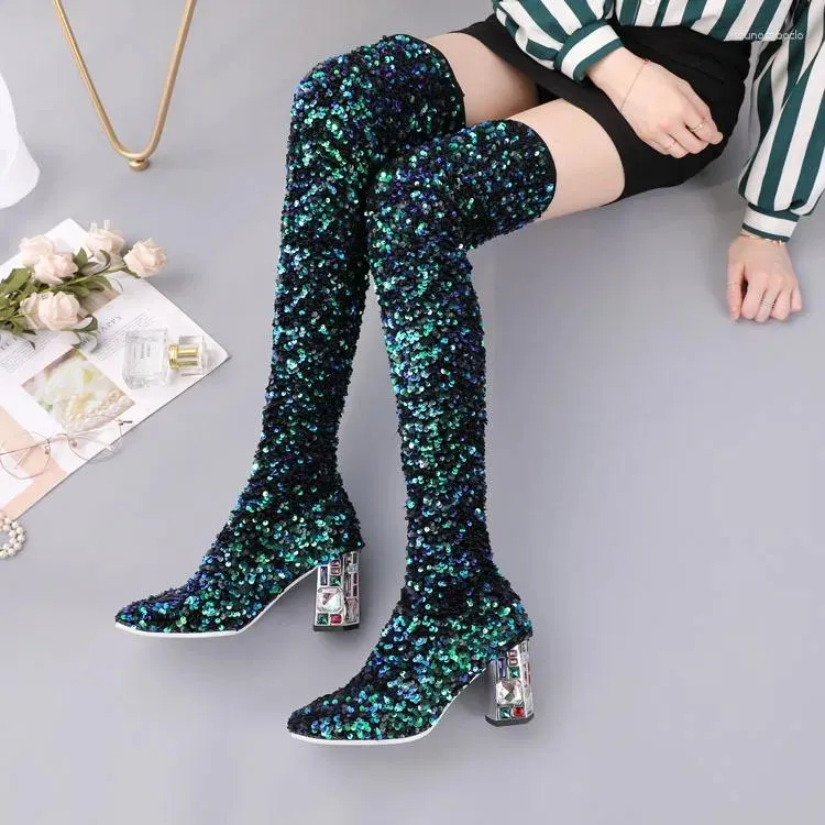 Boots Brand Design Sexy Sequined Round Head Contrasting Color Elastic Thin Punk Style Knee Large Size High Heel Catwalk