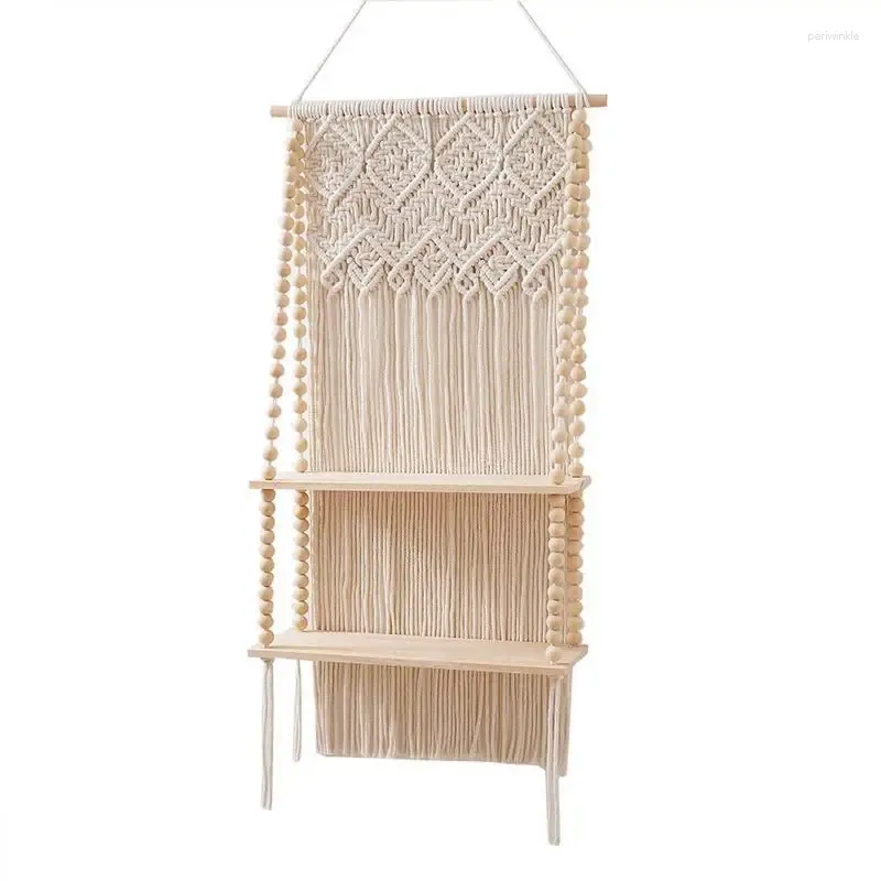 タペストリーボヘミアンの手織りマクラメラック2レイヤー壁の装飾的な吊り飾り用の木製の棚