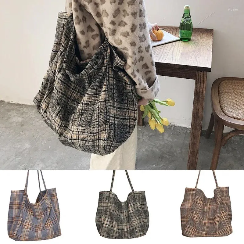 Sac en toile de laine pour femmes, sacs à motif écossais Vintage à carreaux, grande capacité, grand fourre-tout, sac à main décontracté pour dames