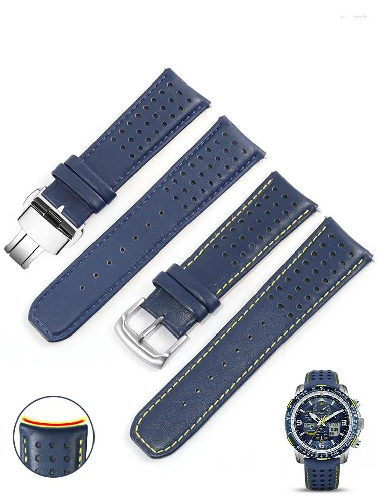 Watch Bands For Blue Angel 1 2 Generation Air Eagle At8020/Jy8078 Steel Buckle 22 23 Yellow Line Genuine Leather Strap