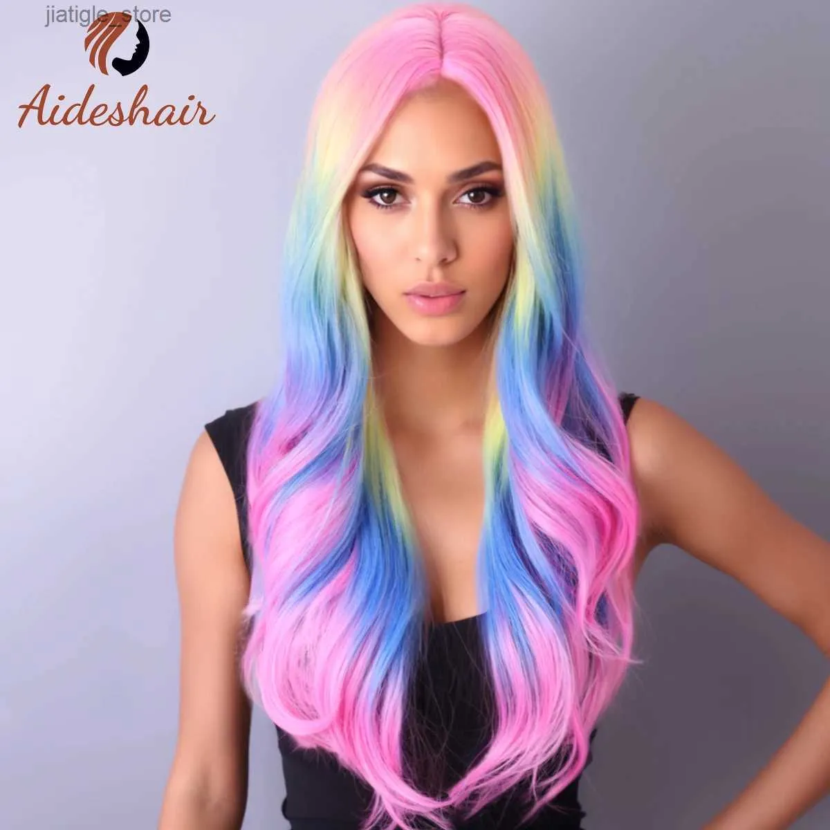 Synthetic Wigs Europe and the United States fashion parting bangs wig female Hair on top of the pink head Y240401