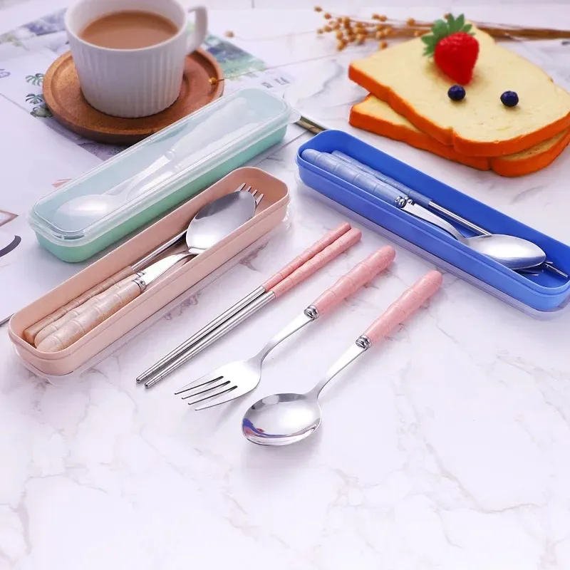 3 PzSet Da Tavola Da Campeggio Set di Posate Da Viaggio Riutilizzabili Bacchette Cucchiaio Forchetta In Acciaio Inox Custodia Portatile con Confezione Regalo