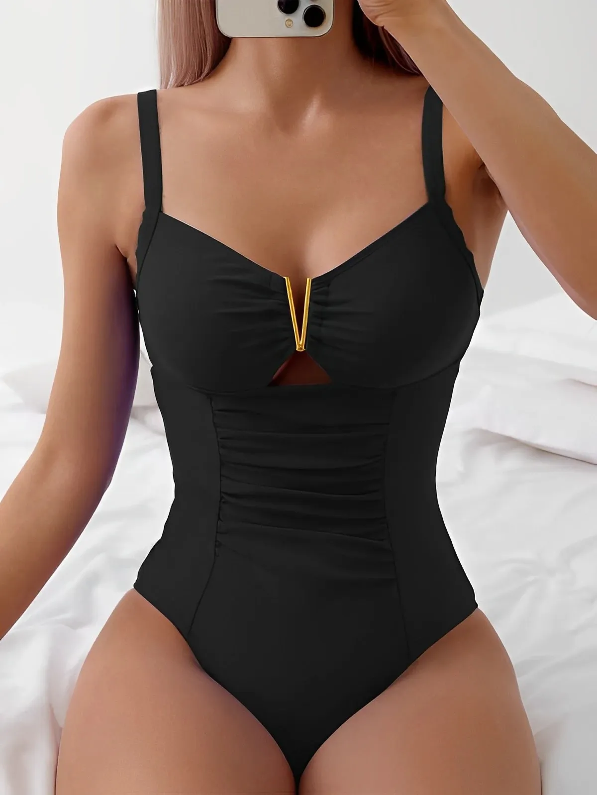 Cut Out Ruched Front Swimsuit One Piece Swimwear Women Sexy Bathers Bathing Swimming Swim Suit Female Beachwear XXL 240401