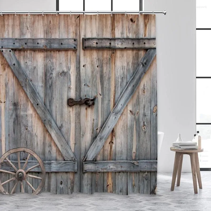 Zasłony prysznicowe vintage drewniane drzwi retro stare stodoły farm drewniane dekoracje koła poliestrowego tkanina łazienka wisząca zasłona z haczykami