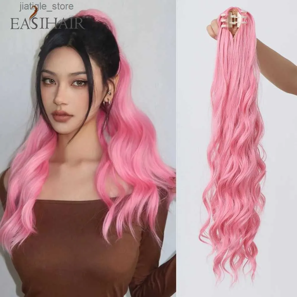 Wig synthétique queue de cheval synthétique rose longue griffe ondulée clipte de cheval tresse dans les cheveux en queue de cheval poney pliée pour les femmes résistantes à la chaleur 26 pouces Y240401