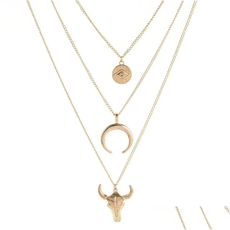 Pendentif Colliers Bijoux Mode Simple Alliage Tête De Vache Géométrique Rond Oeil Corne Mtilayer Collier Drop Livraison Ota9K