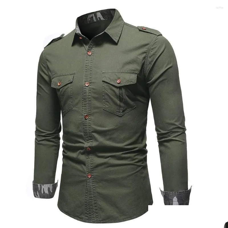 Chemises habillées pour hommes 4620 Chemise cargo Hommes à manches longues Epaet Poches Militaire Homme Vêtements d'extérieur Jeans Noir Kaki Vert Gris Drop Livraison App Otpob