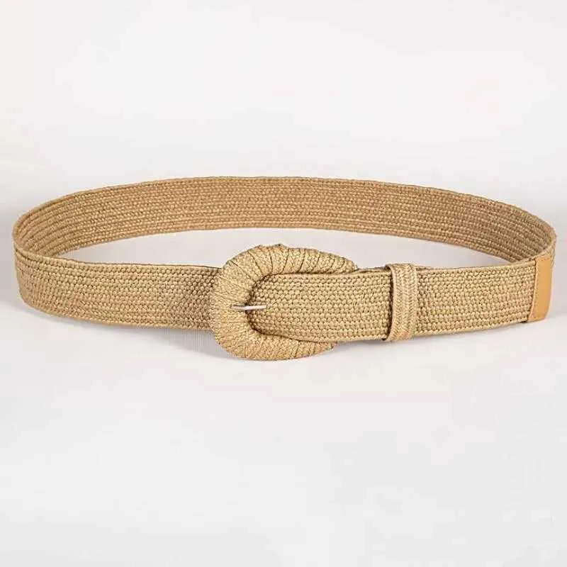 Belts New retro womens summer pin buckle fashionable womens woven broadband designer womens elastic PP grass girl belt Q240401