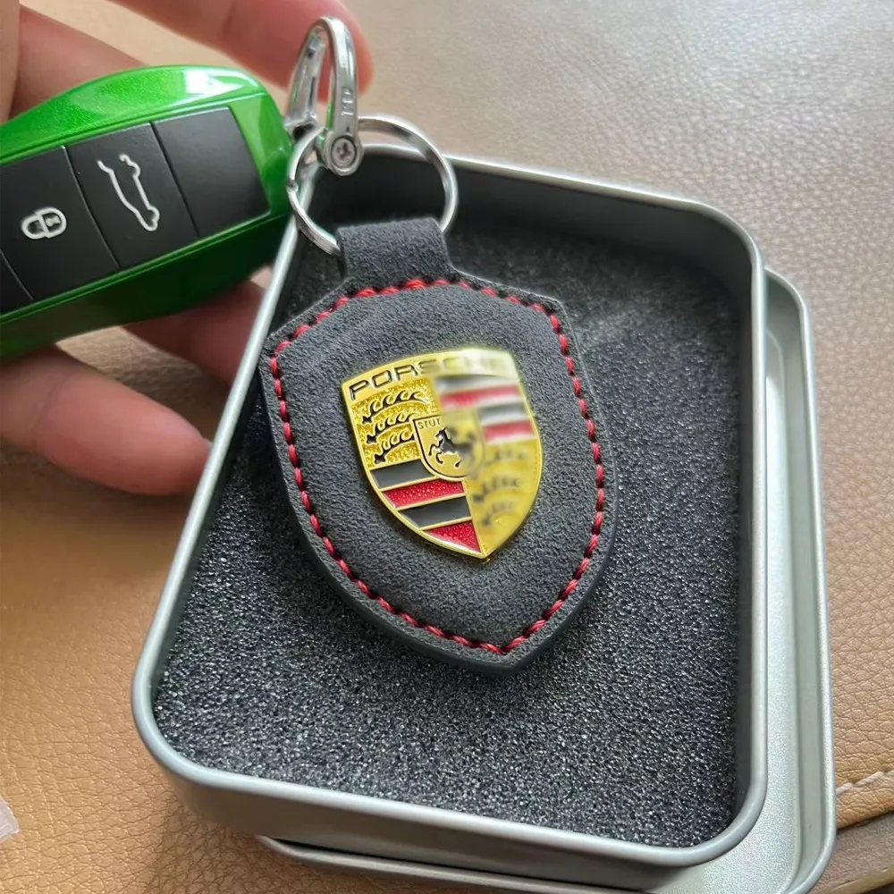 1x Frosted Leder Wildleder Leder Alcantara Auto Car Logo Keychain Keyring Schlüsselhalter für Porsche Autos Schlüsselhülle Schlüsselkette