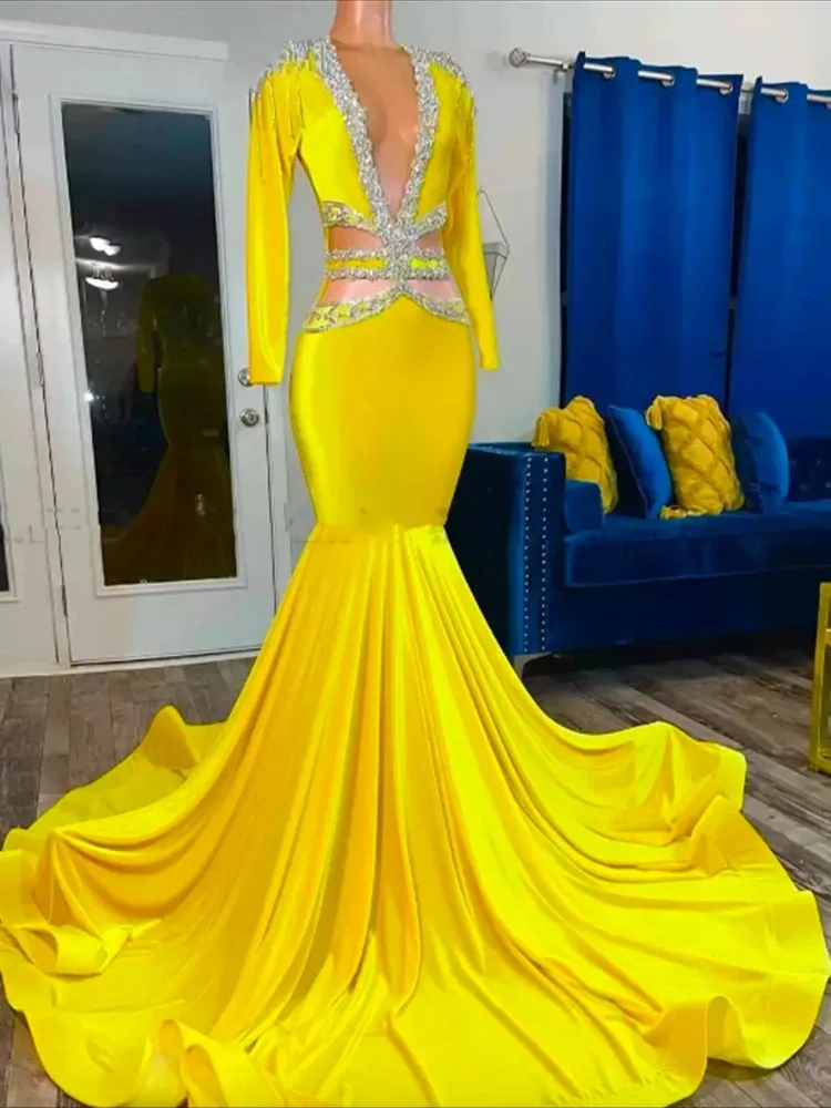 Yellow Long Sleeve Beaded Mermaid Prom Dresses for Black Girls 2024 Party Evening Special Occasion Gowns Women Celebrity Dress