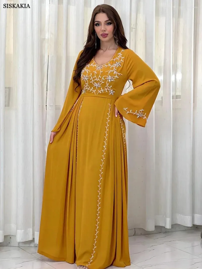 Abbigliamento etnico Dubai Arab Fashion Evening Party Elegante ricamo con paillettes Manica lunga O-Collo Abito con fasce Caftano da donna turco