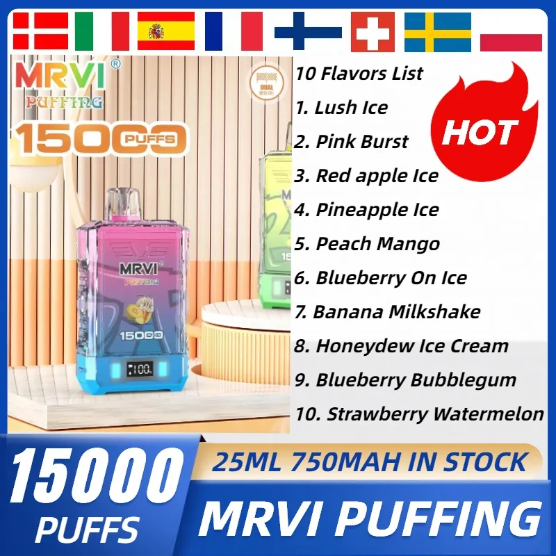 Оригинальный MRVI Puffing 15000 затяжек Одноразовая ручка для вейпа DUAL Mesh Coil Thunder 11000 затяжек в продаже 10000 затяжек 750 мАч 25 мл затяжка 15k Ремешок с подсветкой RGB против BANG BOX 15k 18k