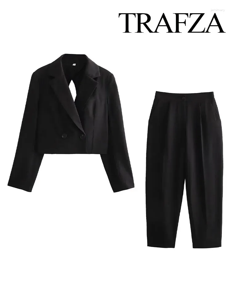 Pantalon de deux pièces pour femmes TRAFZA Femmes 2 Set Chic Manches longues Revers Creux Dos nu Vintage Veste Manteau Taille haute Poches Fermeture à glissière Boutons Pantalon