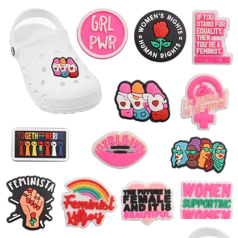 Accessoires voor schoenonderdelen Moq 20 stuks Vrouwen Ondersteuning Grl Pwr Feministische Girl Gang PVC Decoratie Charme Gesp Klomp Pins Knoppen Decoraties Dh3Qp