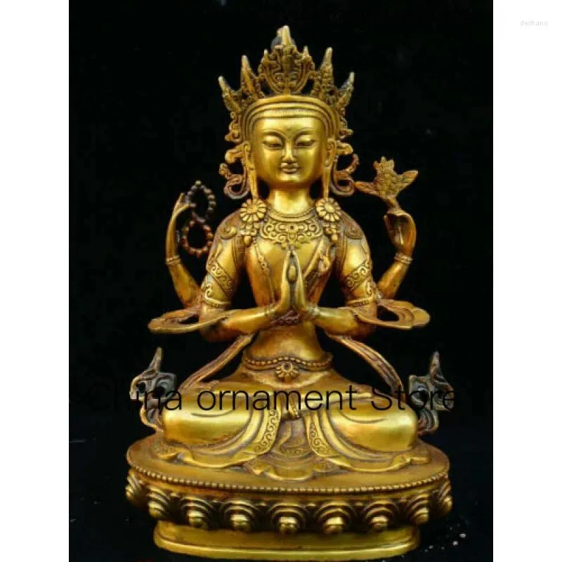 Dekorativa figurer gamla Tibet Buddhism Temple Bronze 4-Arm Chenrezig Goddess Buddha Statue