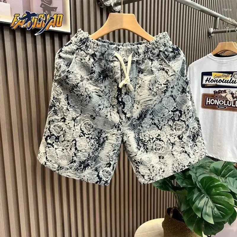 Men's Shorts Design Sense Floral Denim Fashionable All-Match Loose Blue And White Porcelain Cropped Pants Casual