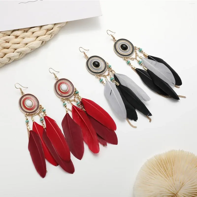 Dangle Brincos Boho Étnico Forma Oval Pena Para Mulheres Temperamento Cor Dourada Corrente Borla Jóias de Festa de Casamento