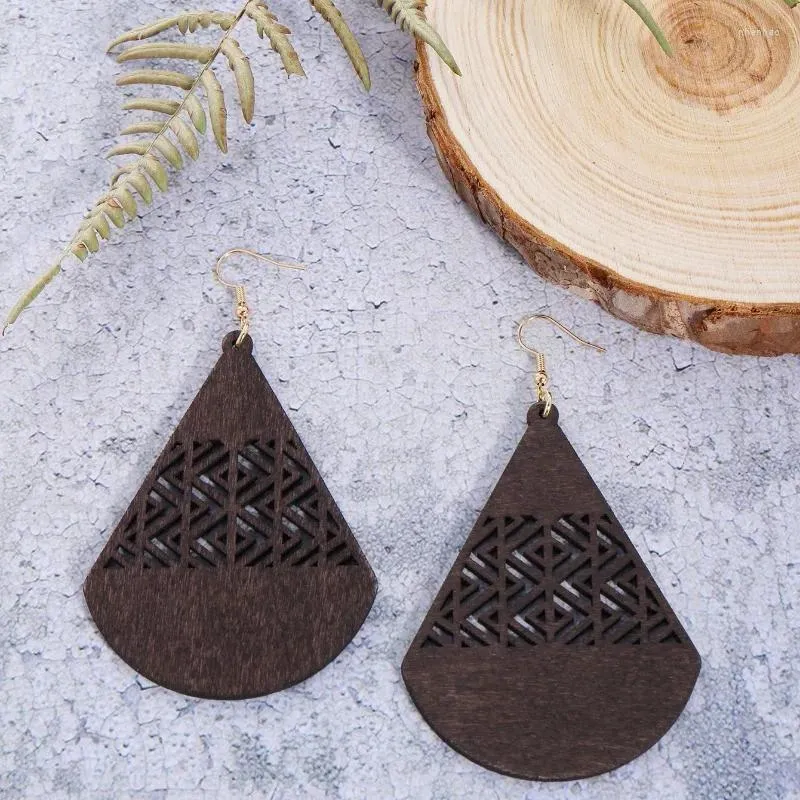 Dangle Oorbellen Bohemen Vintage Houten Waaiervormig Voor Vrouwen Meisjes Mode Etnische Hollw Out Handgemaakte Geometrische Sieraden
