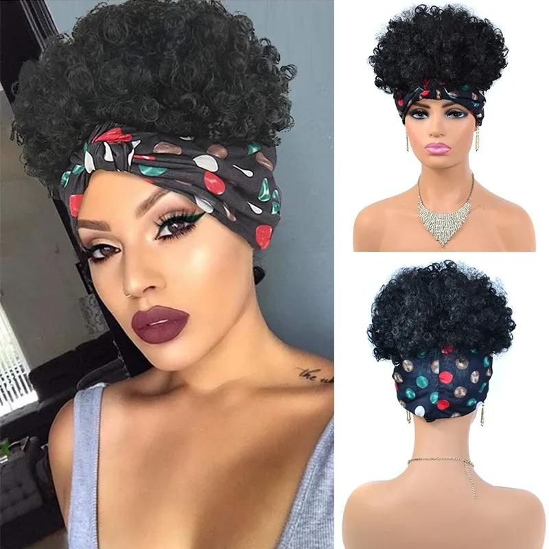 Wigs Short Afro Kinky Curly Headband Wig 2 In 1 Turban Wigs for Black Women Synthetic Wrap Wig Soft Fluffy Heat Resistant Fiber Hair