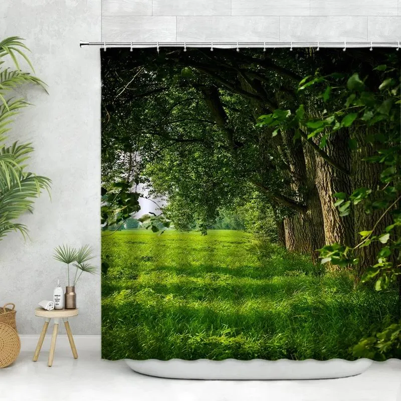 Rideaux de douche Paysage pastoral Rideau Banyan Tree Vert Paysage frais et naturel Décor à la maison Polyester Tissu Crochets de salle de bain