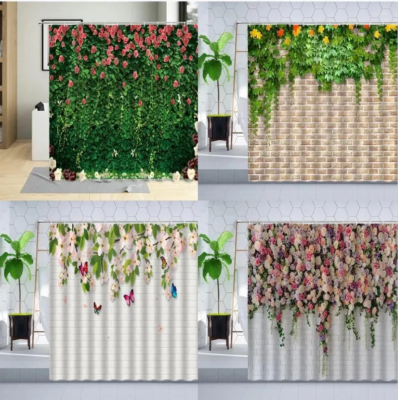 Rideaux de douche Printemps Paysage Fleurs Plantes Rideau Papillon Feuilles Vertes Rose Floral Mur Paysage Décoration Ensembles De Salle De Bain