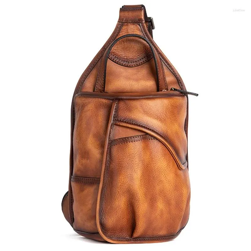 Sac à dos en cuir véritable pour hommes, sac à bandoulière de poitrine, sac de voyage rétro en cuir de vache véritable, sac à dos simple face