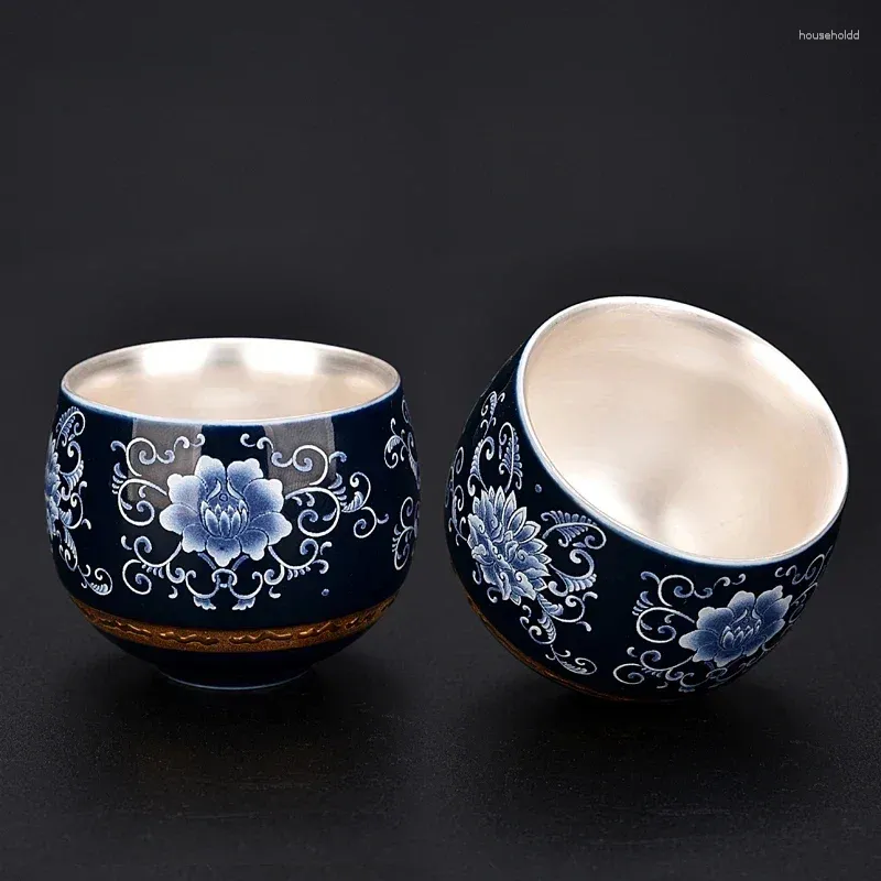 Tea Cups Blue And White Gilt Silver Teacup Handmade Ceramic Boutique Cup Portable Single Bowl Household Teaware Accessories