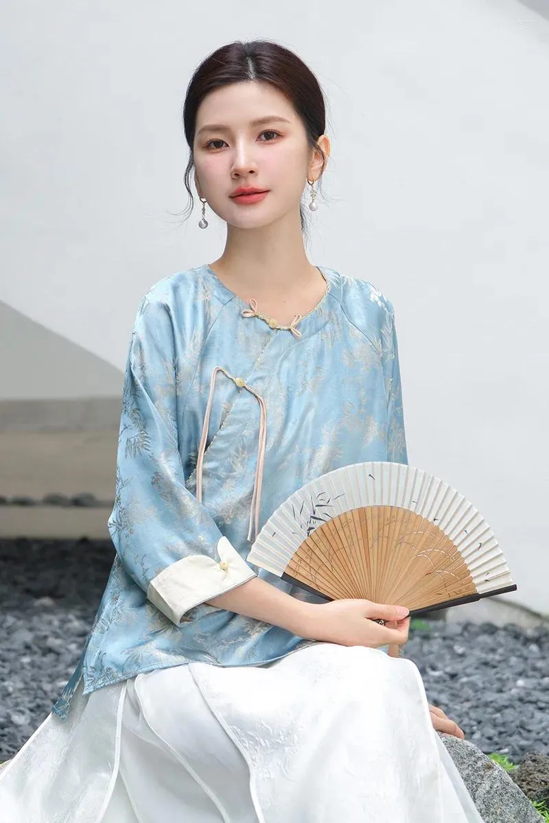 Ethnische Kleidung 2024 Frühlingsfrauen Chinesische Rundhalsplatte Schnalle Jacquard Bluse Blauer Tang-Anzug Hanfu Art Division Weibliches Kleid