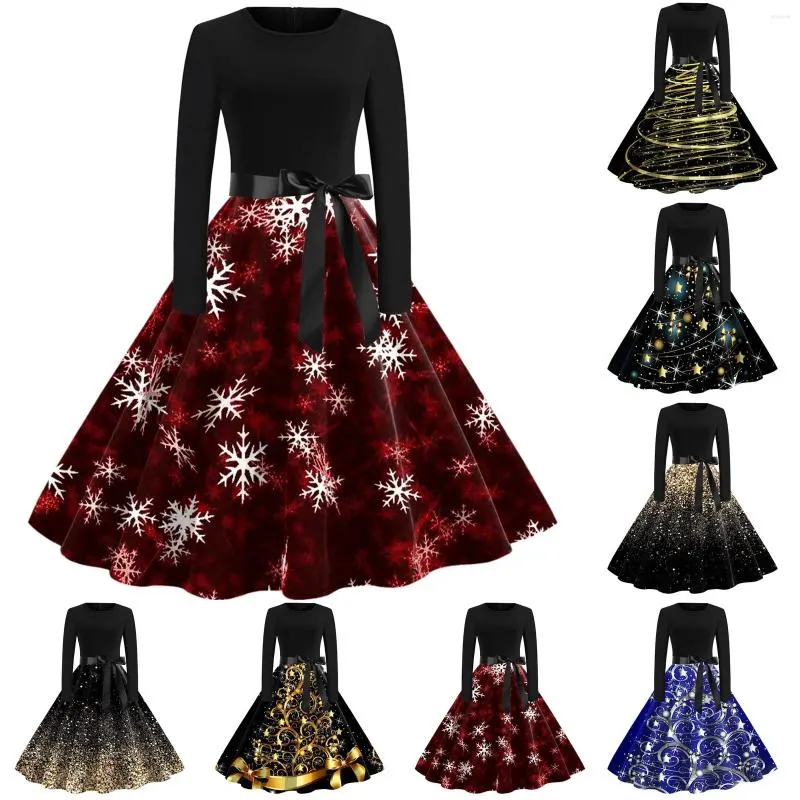 Lässige Kleider Frauen Mode Weihnachtsdruck Kleid Rundhals Langarm Big Swing Hepburn Stil Vintage Elegante Party auf Lager