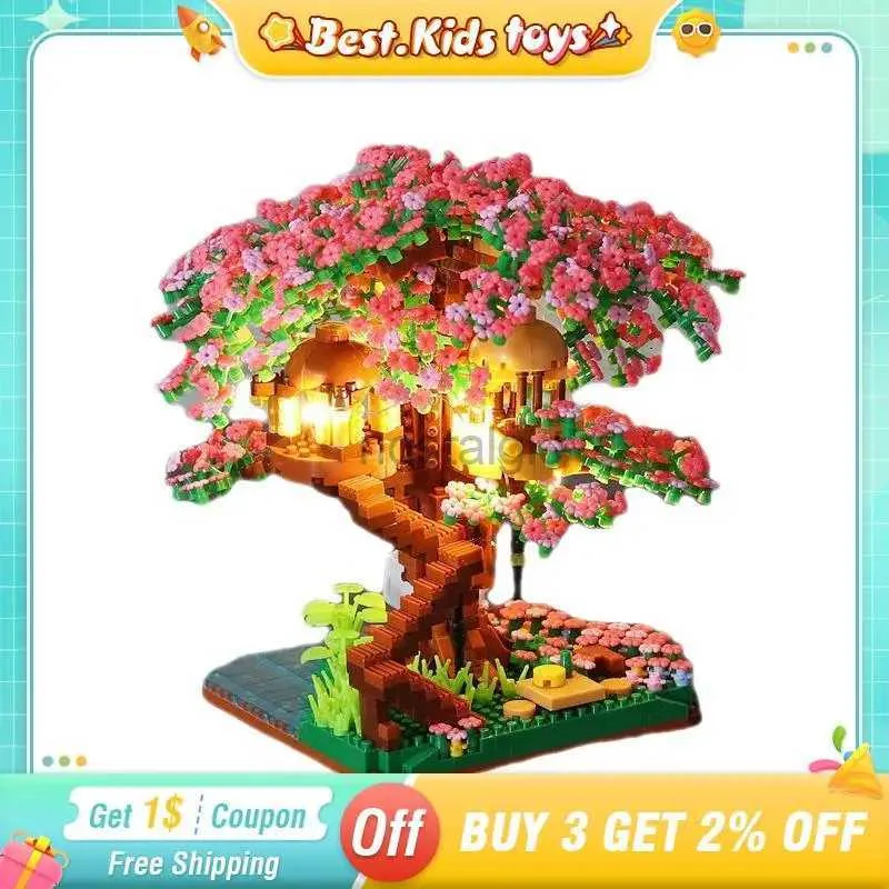 Blocchi Mini Sakura Tree House con luci Modello Building Blocks City Street View Case in fiore di ciliegio Mattoni Giocattoli per bambini Per ragazze Regalo 240402