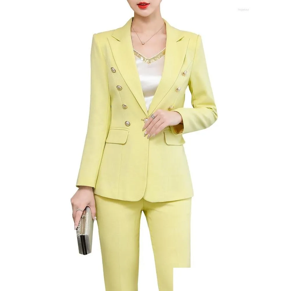 Pantaloni da donna a due pezzi Fashion giallo Pantaloni viola Stup Ladies Word Wear Giacca formale e pantalone femmina Blazer 2 Set Drop Drop de Dhfht