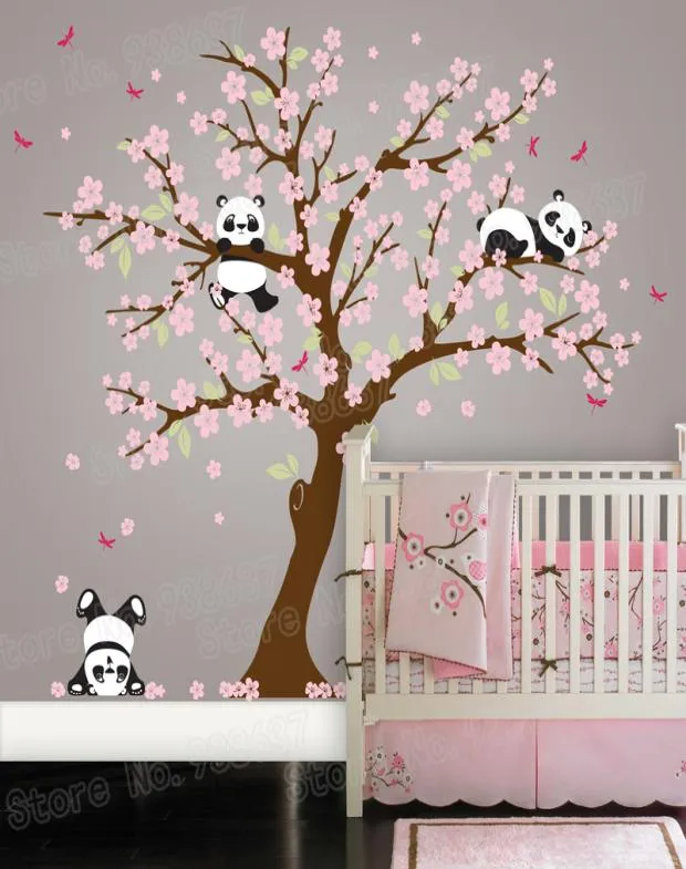 Panda Bear Cherry Blossom Tree Wall Decal for Nursery Vinyl Self Adhesive Wall Stickers Flower Tree Home Decor Bedroom ZB572 201209761495