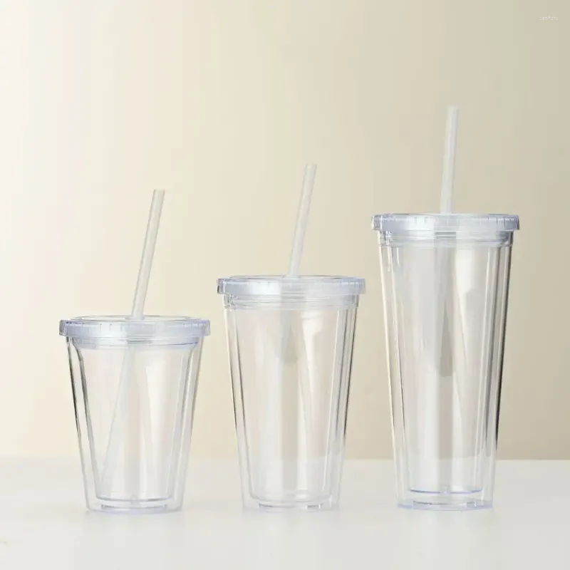 Copos com tampa e palha Clear Tumbler Househo Dupla Camada Garrafa de Água Transparente Plástico 350/450 / 650ml Copo de Café Gelado Uso Doméstico