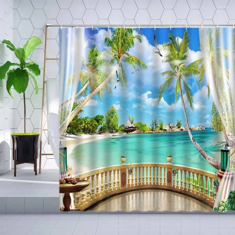 Tende da doccia Tenda con scenario oceanico Finestra 3D Palma Pianta tropicale Foglia verde Paesaggio marino Bagno Decora Set in poliestere