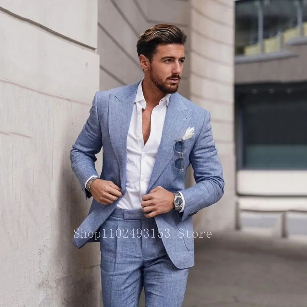 2023 moda linho masculino ternos fino ajuste casual lapela 2 peças masculino noivo festa de casamento traje homme mariage 240326