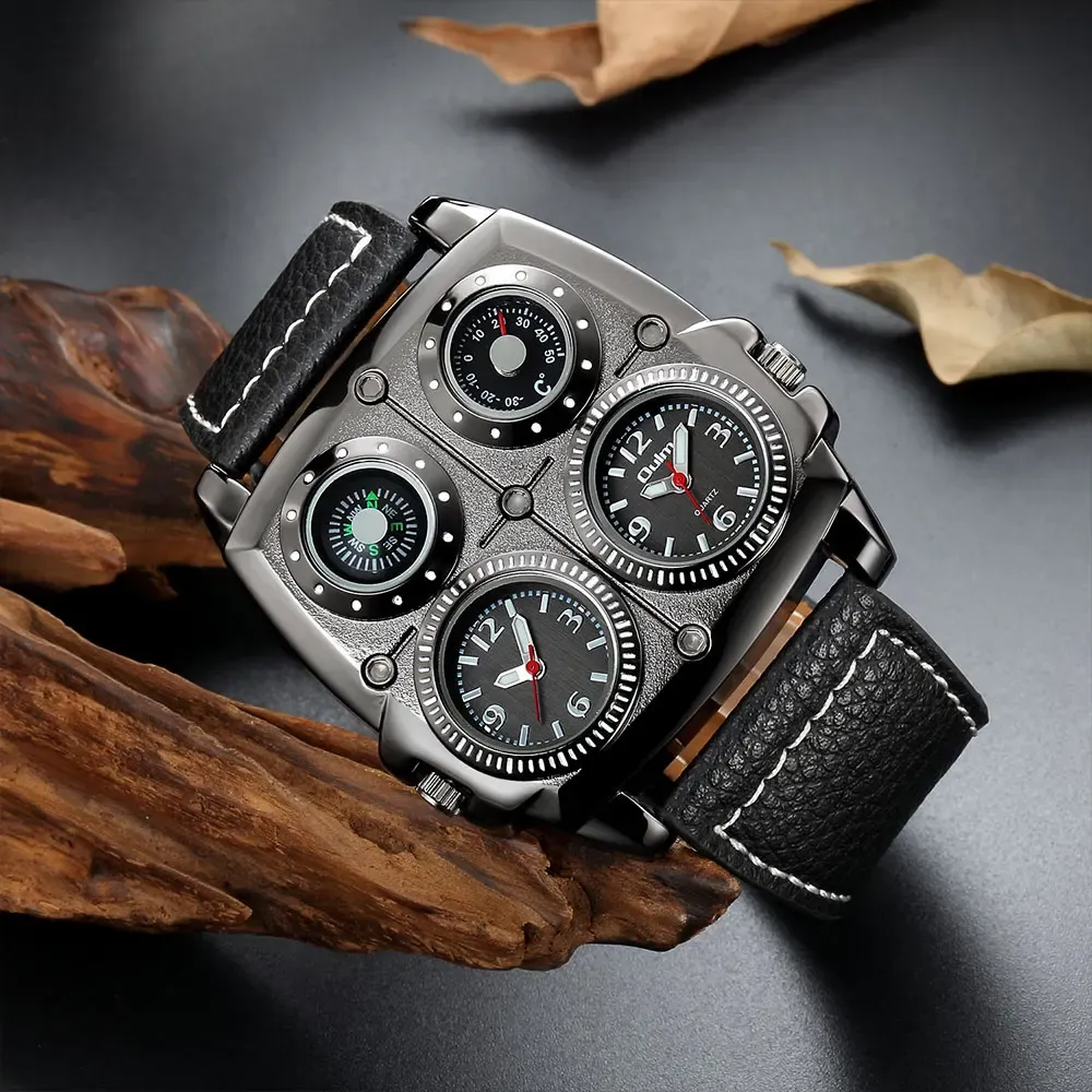 Montres Oulm Dropshipping 1140 montres pour hommes deux fuseaux horaires armée pilote Style montre grande taille Quartz horloge mâle bracelet en cuir montre-bracelet