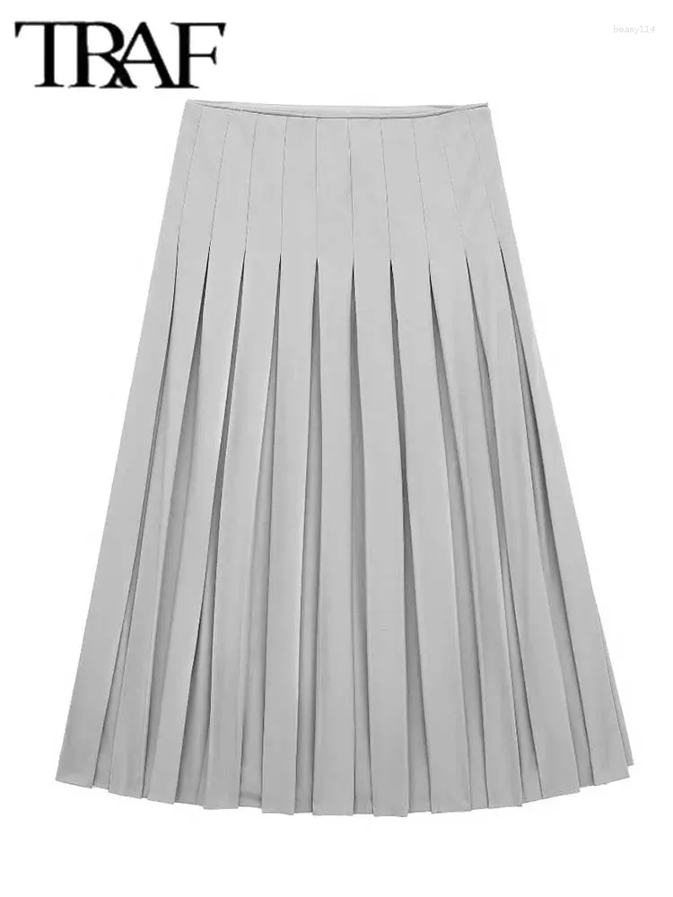 Kjolar 2024 grå veckade kjol kvinnor hög midja lång kvinna retro ruched midi för vår vintage kvinnor