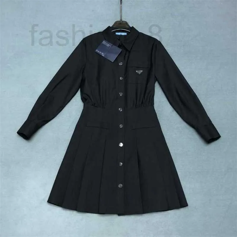 Basic & Casual Dresses Designer Womens casual dress classic lapel black dresses early spring long sleeved single row letter button pleated skirt NE91