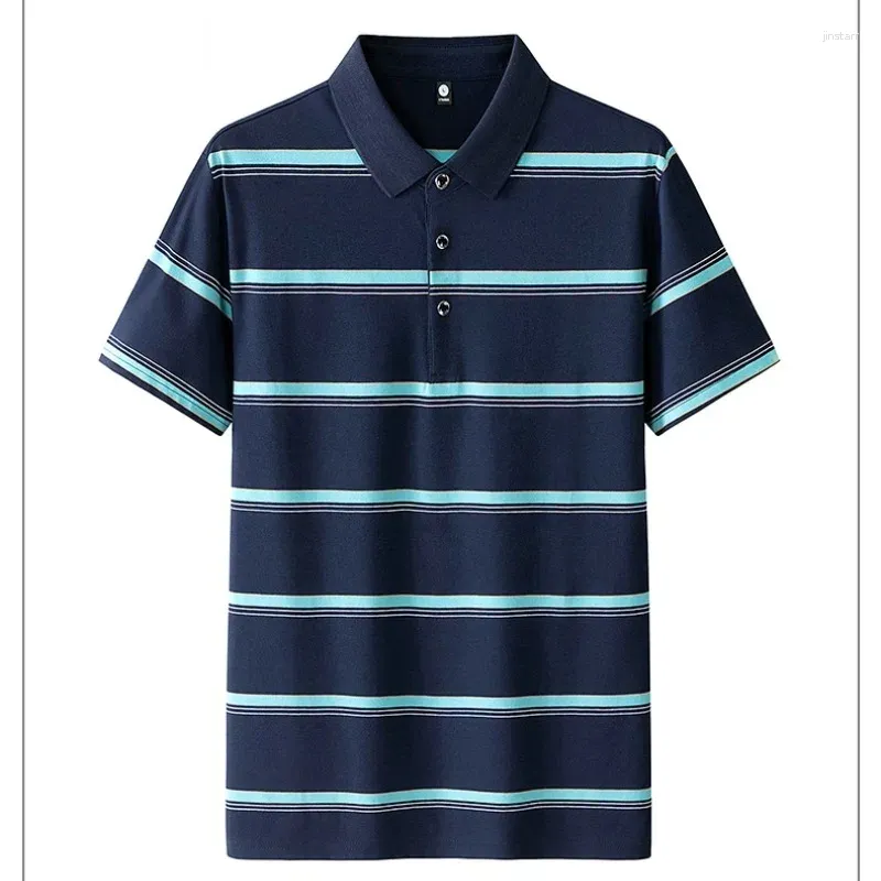 Men's Polos Summer Turn-down Collar Stripe Pullover Solid Color Button Contrasting Short Sleeve Polo T-shirt Casual Fashion Loose Tops
