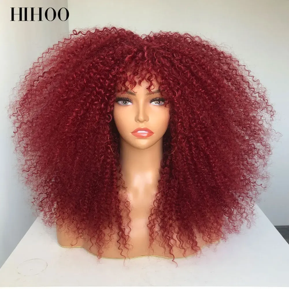 Perruques Afro Curly Wigs avec une frange pour les femmes noires perruque bordeaux Wig synthétique cheveux roux