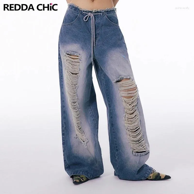 Kvinnors jeans reddachic bandage rippade baggy för kvinnor 90 -talets vintage blå blekt breda benbyxor hål lösa denimbyxor acubi mode